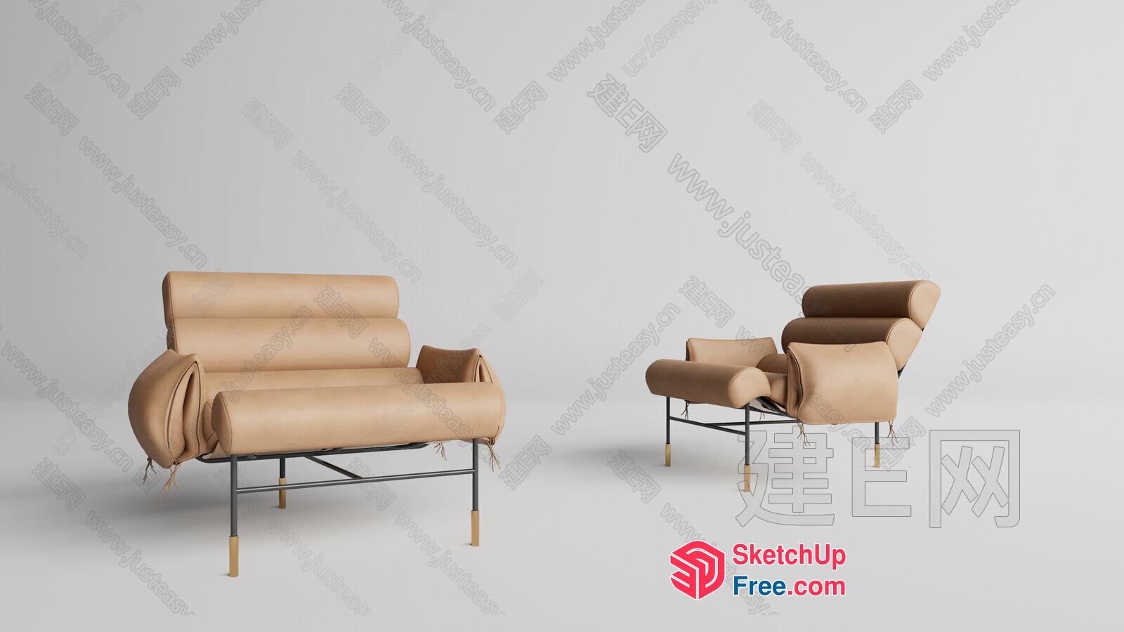 Modern Beige Leather Sofa And Armchair Set 3D SketchUp File