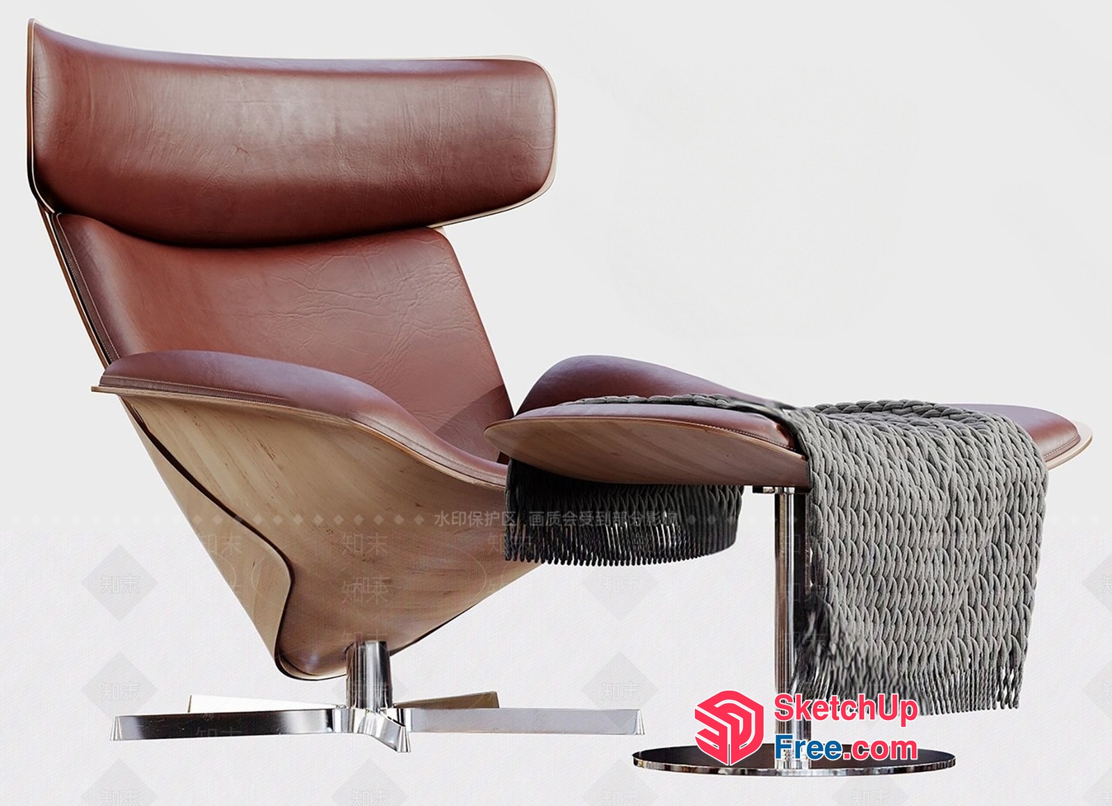 Modern Brown Leather And Wood Accent Chair With Ottoman 3D SketchUp File