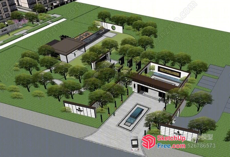 Modern Architectural Design With Green Space And Water Feature 3D SketchUp File