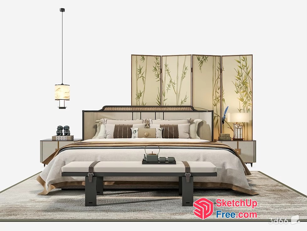 Elegant Japanese-Style Bedroom With Creamy Style Decor 3D SketchUp File