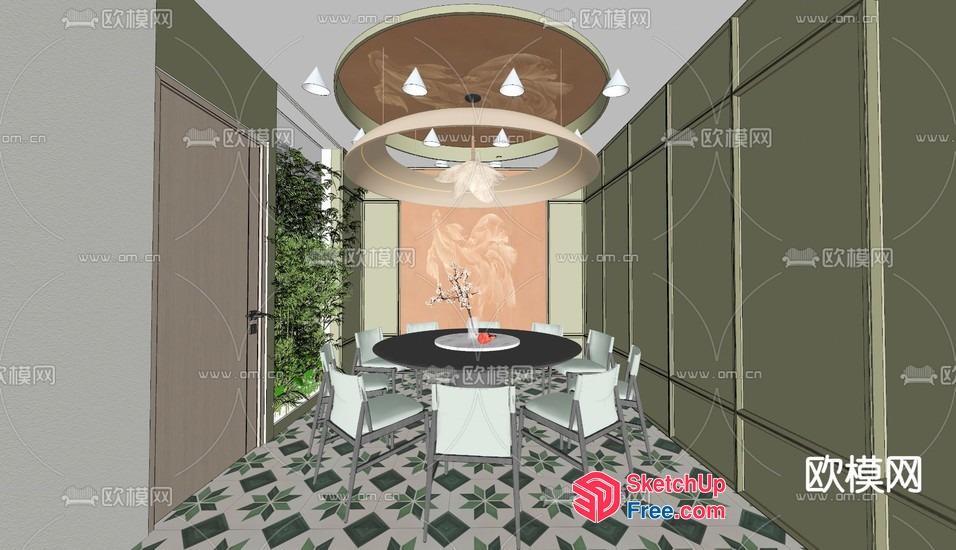Elegant Dining Room With Modern Chandelier And Patterned Floor 3D SketchUp File