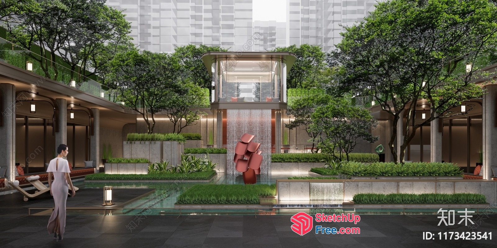 Modern Exterior Courtyard With Water Feature And Greenery 3D SketchUp File