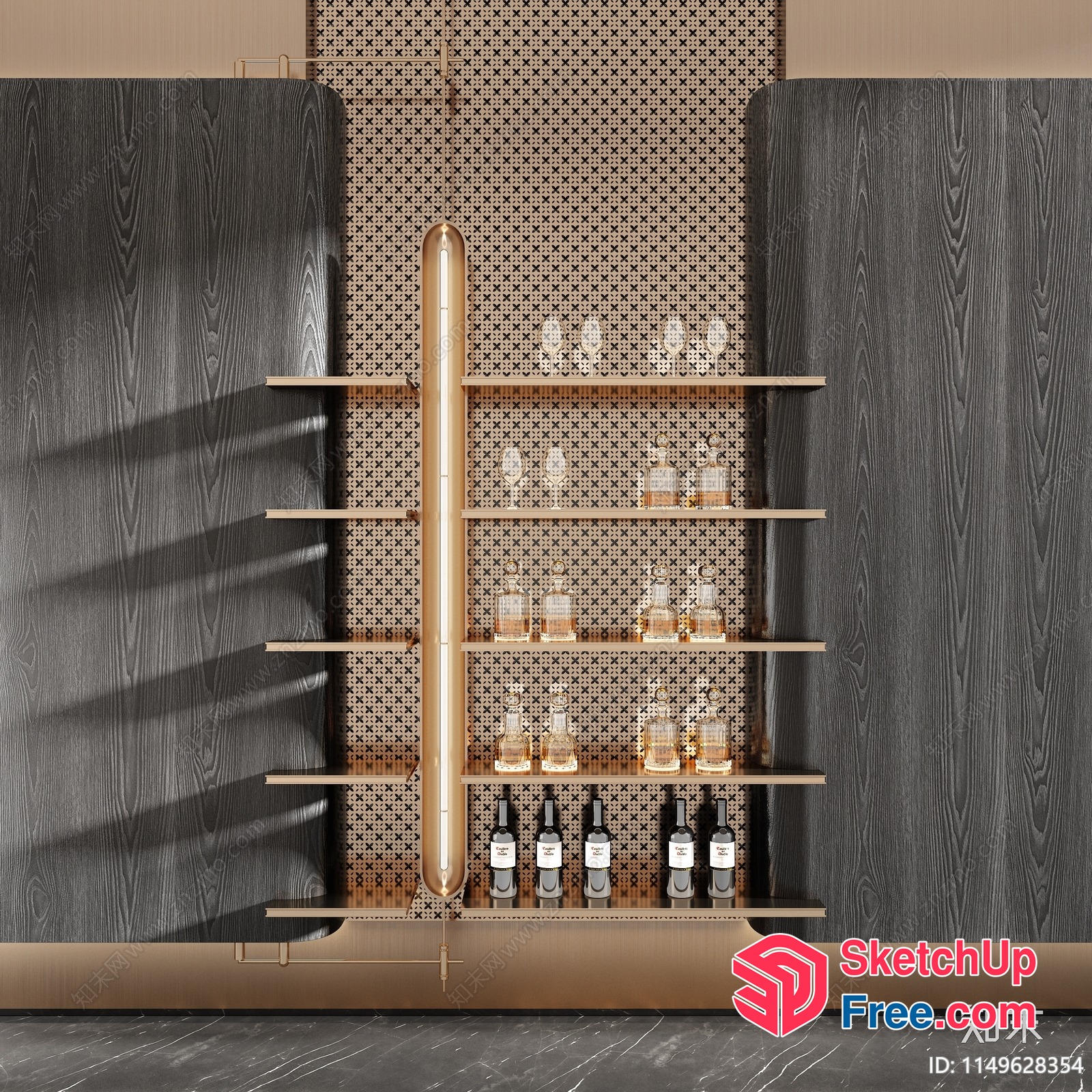 Modern Bar Cabinet With Glass Shelves And Bottles 3D SketchUp File
