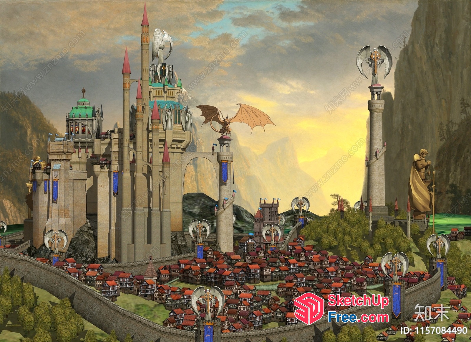 Majestic Fantasy Castle With Dragon And Pillars 3D SketchUp File