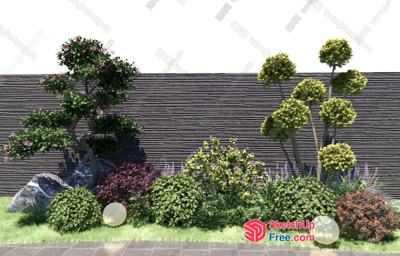 Japanese Style Garden With Elegant Trees And Stones 3D SketchUp File