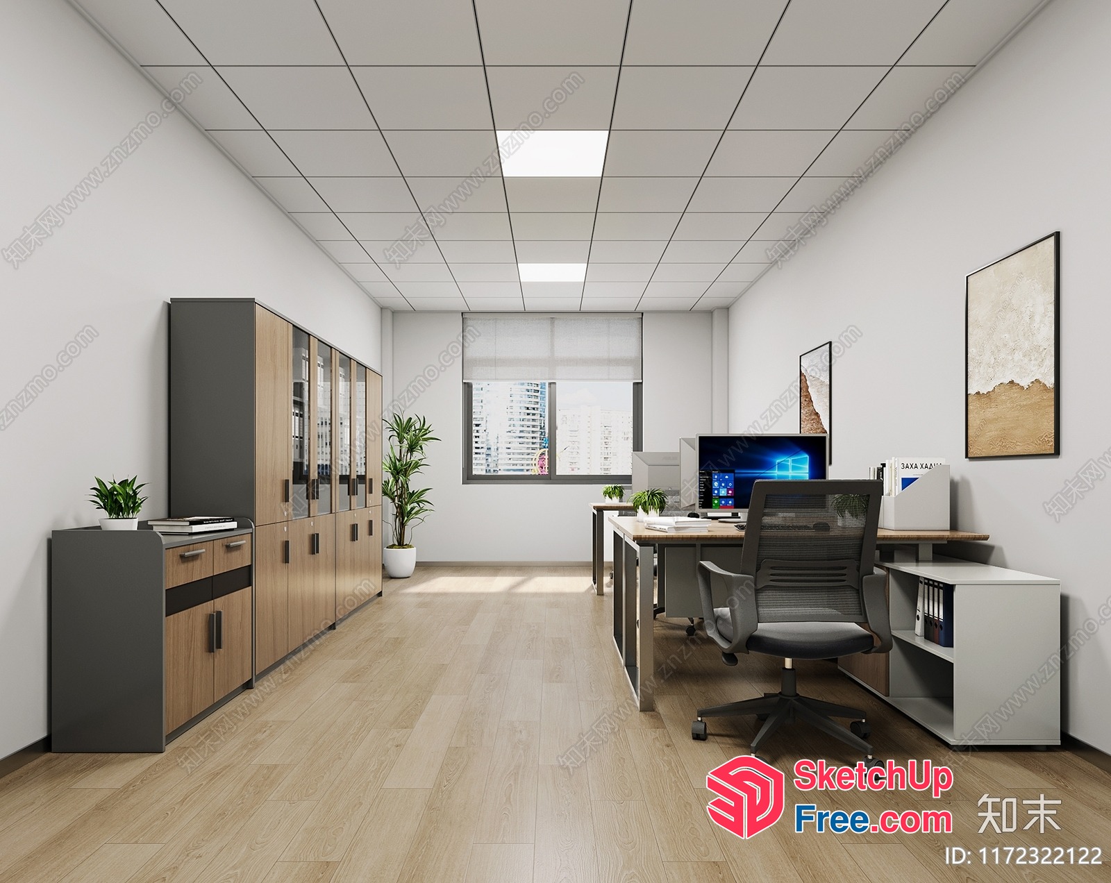Office Space With Wooden Floor And Ceiling Tiles 3D SketchUp File