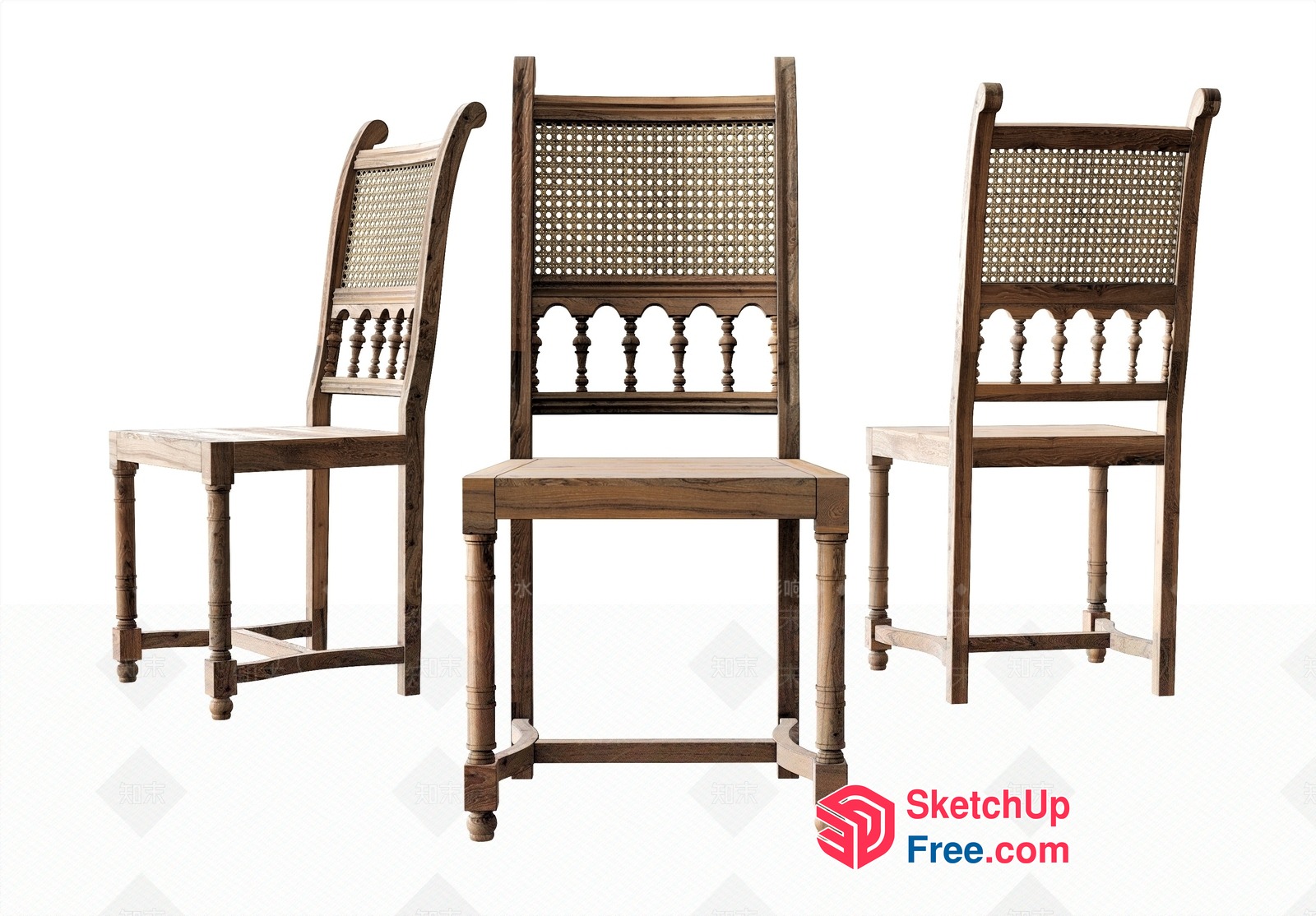 Classic Wooden Chairs With Ornate Backrests And Wicker Seats 3D SketchUp File