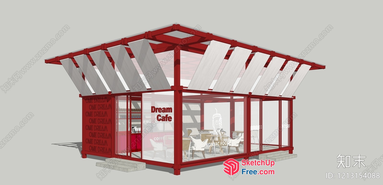Dream Cafe Interior With Glass Walls And Red Accents 3D SketchUp File