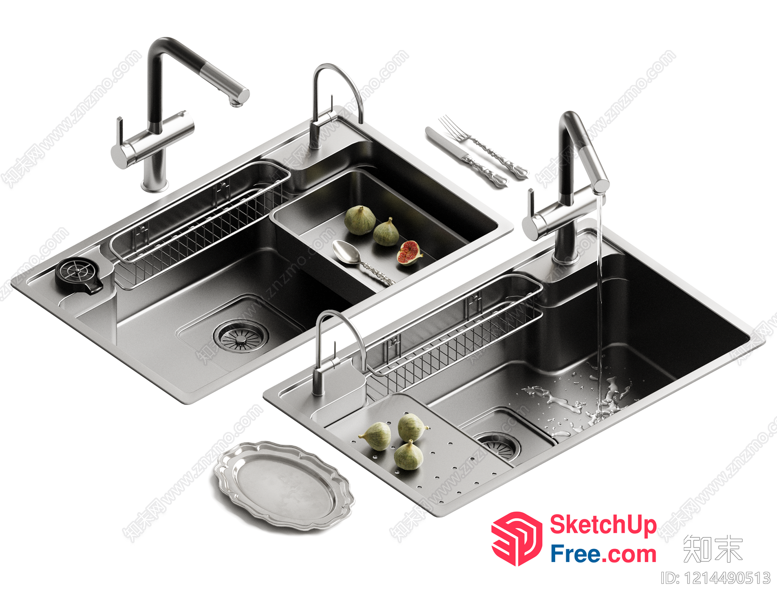 Two Modern Kitchen Sinks With Faucets And Accessories 3D SketchUp File