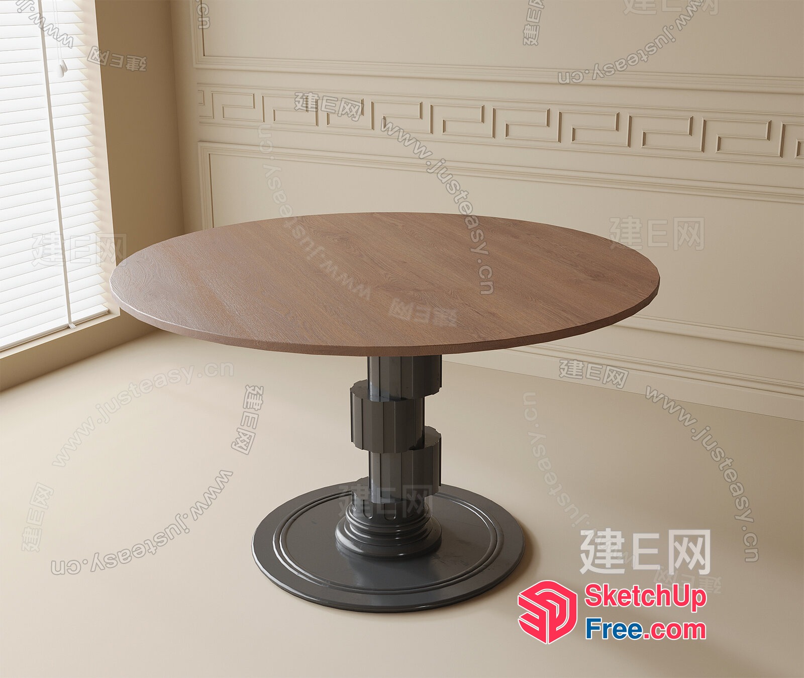 Round Wooden Table With Black Pedestal Base 3D SketchUp File