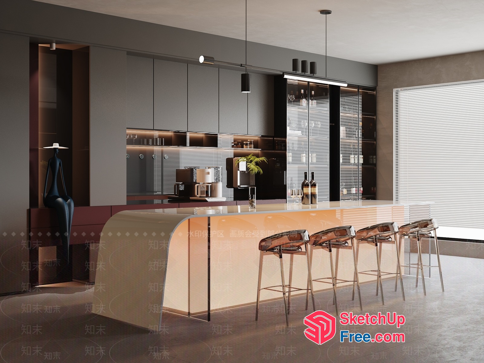 Modern Kitchen Island With Bar Stools And Wine Storage 3D SketchUp File