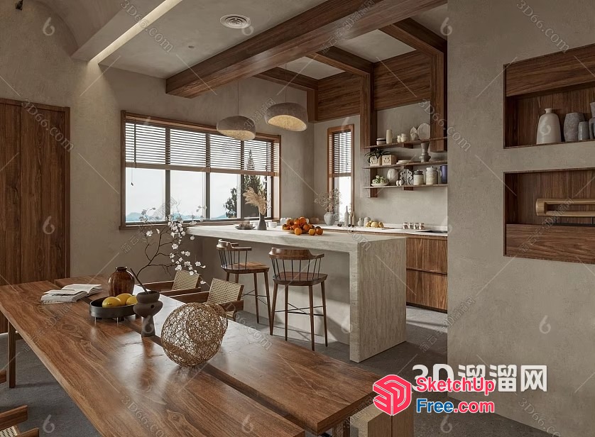 Modern Japanese-Style Dining Room With Natural Wood Accents 3D SketchUp File