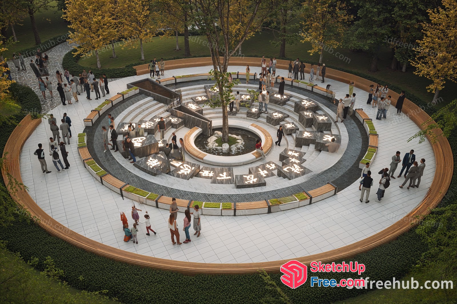 Circular Outdoor Seating Area With Tree And Benches 3D SketchUp File
