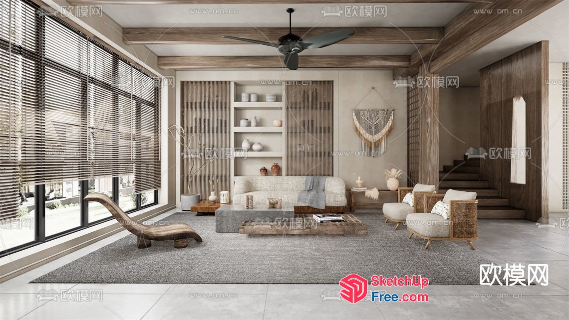 Modern Japanese-Style Living Room With Natural Materials 3D SketchUp File