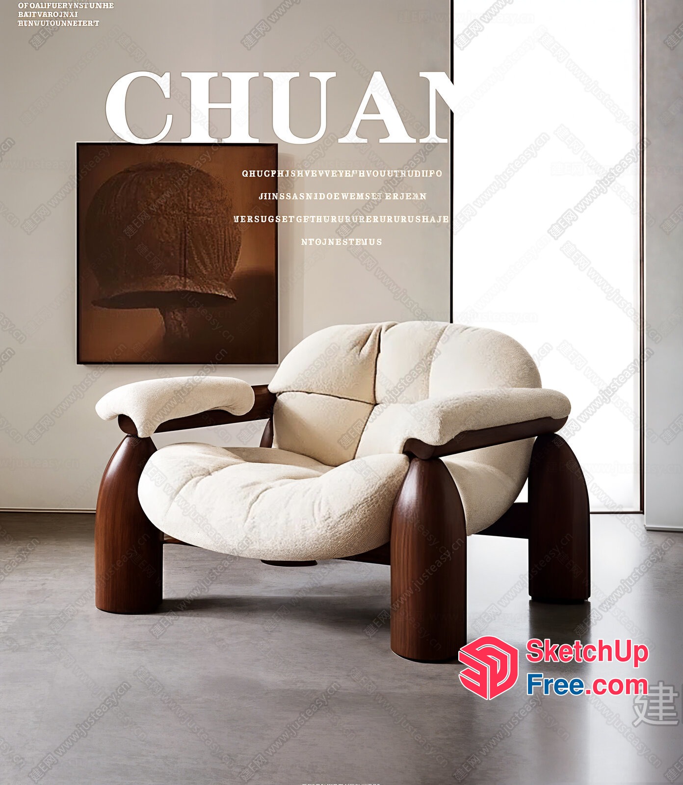 Creamy And Dark Wood Accent Chair 3D SketchUp File