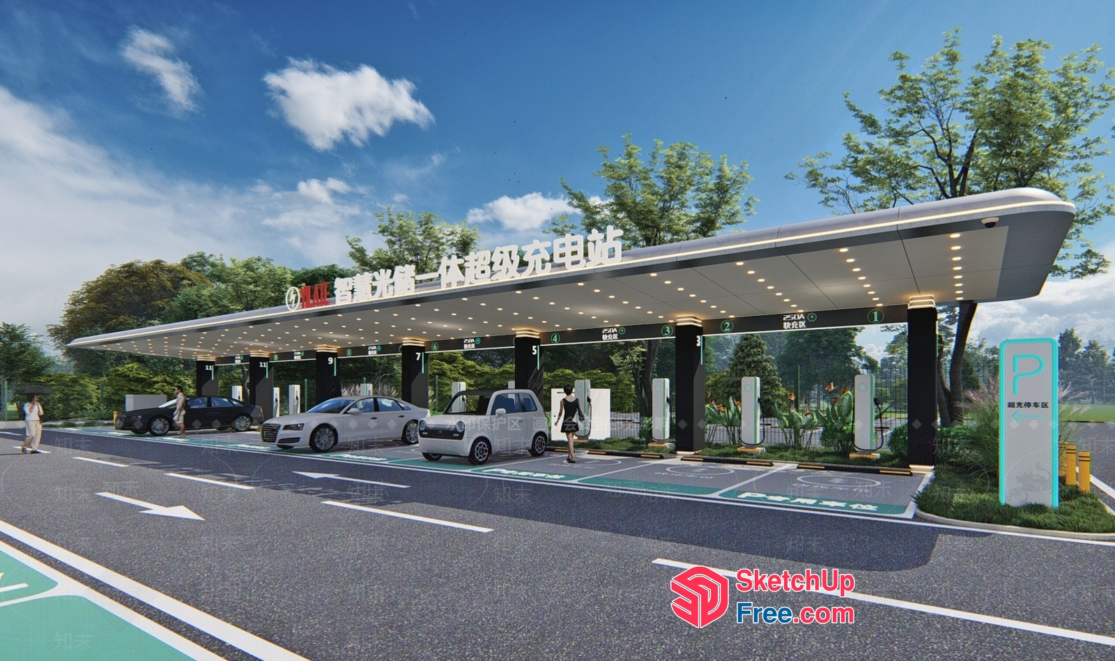 Gas Station With Modern Architecture And Electric Vehicle Charging Stations 3D SketchUp File