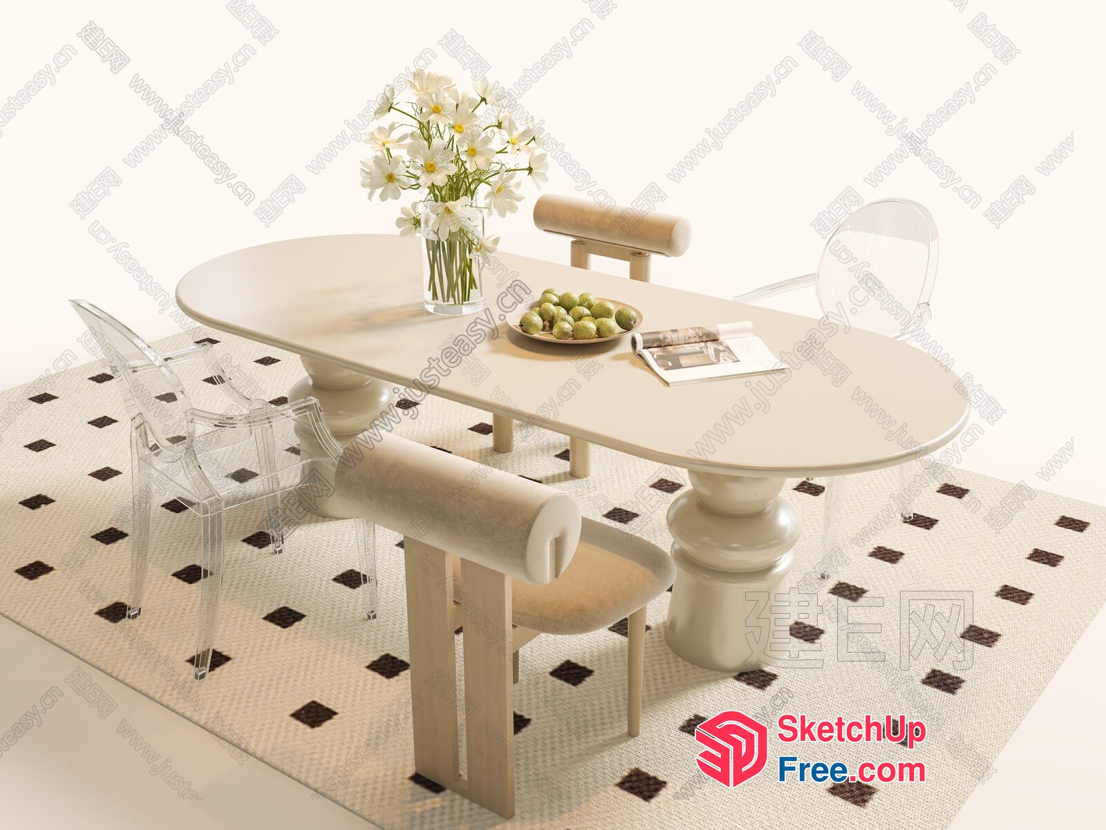 Elegant Creamy Style Dining Room Set 3D SketchUp File