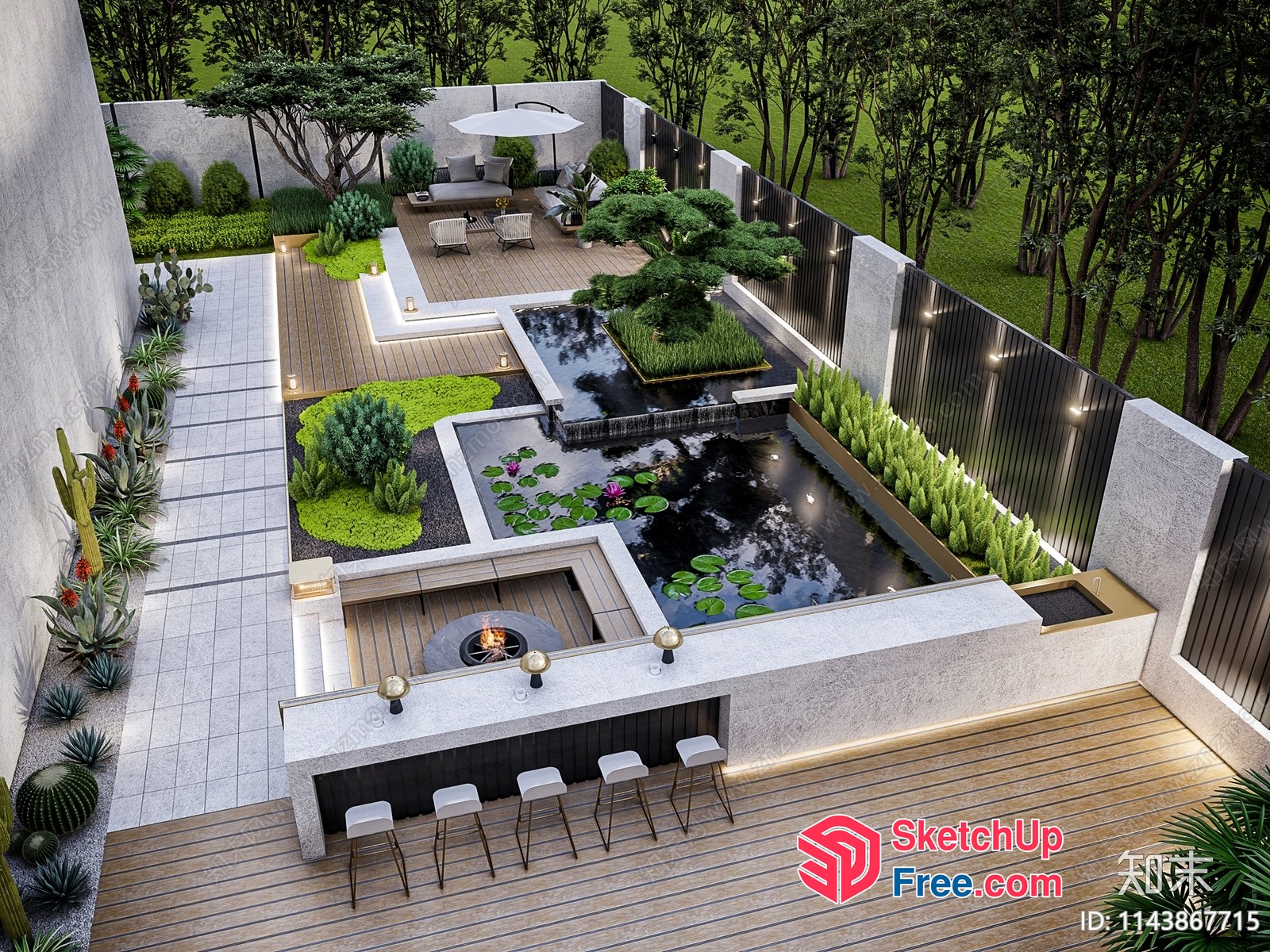 Modern Outdoor Space With Pond And Bar 3D SketchUp File