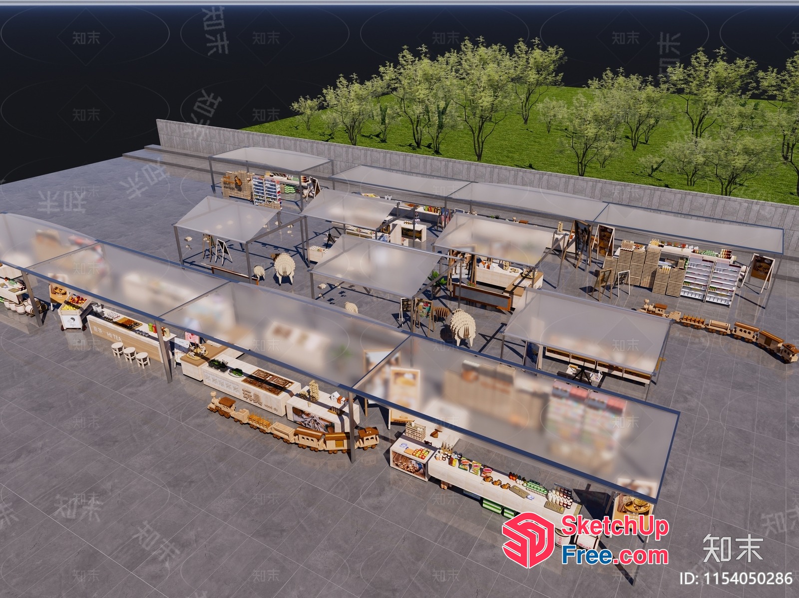 Aerial View Of A Commercial Street With Various Shops And Restaurants 3D SketchUp File