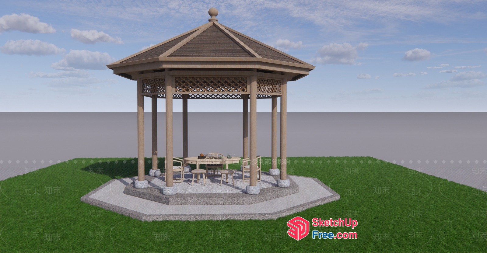 Octagonal Gazebo With Table And Chairs 3D SketchUp File