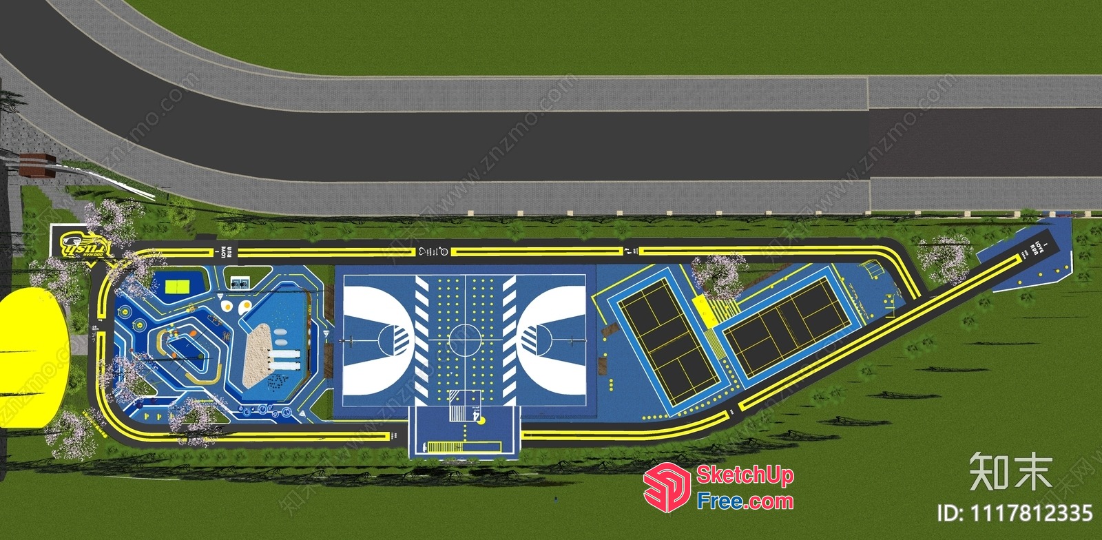 Modern Sports Complex With Unique Blue And Yellow Design 3D SketchUp File