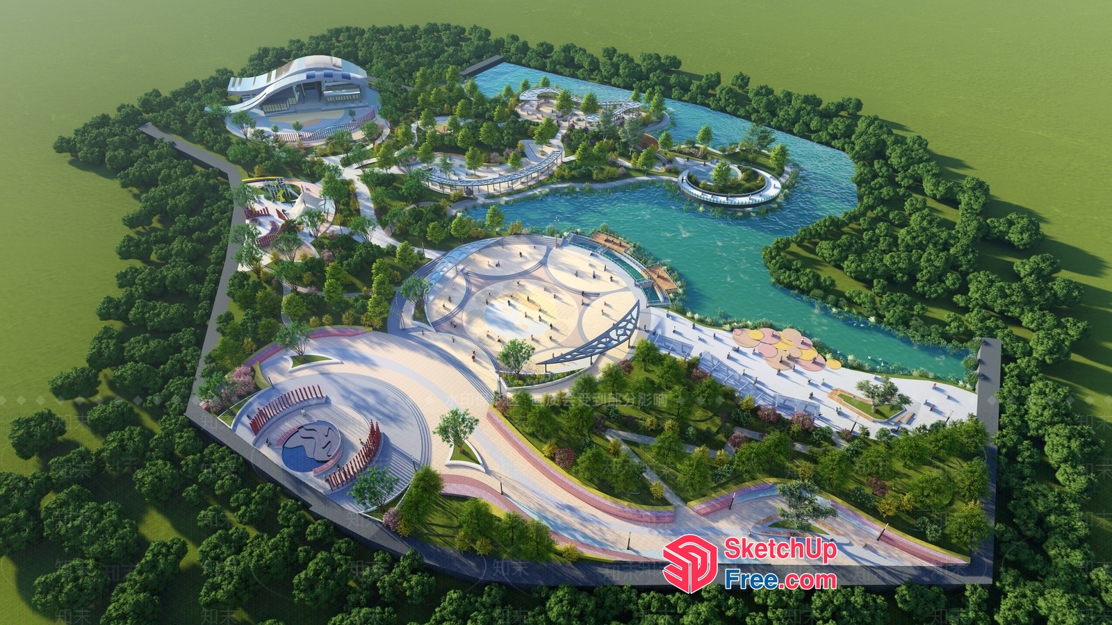 Futuristic Park Landscape With Water Features And Seating Areas 3D SketchUp File