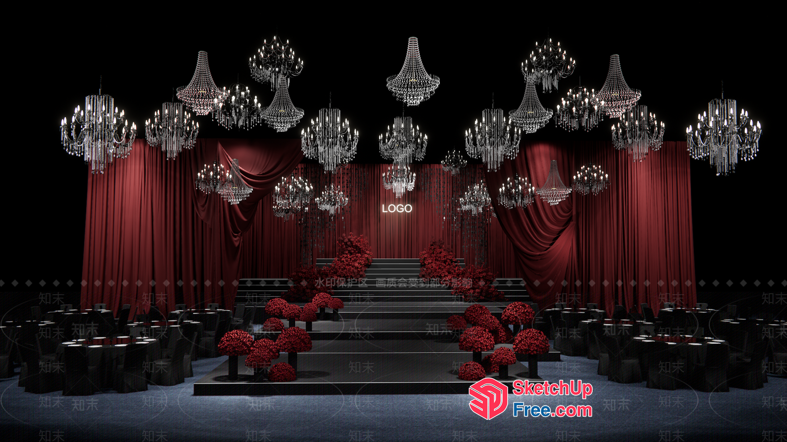 Red Velvet Stage With Crystal Chandeliers 3D SketchUp File