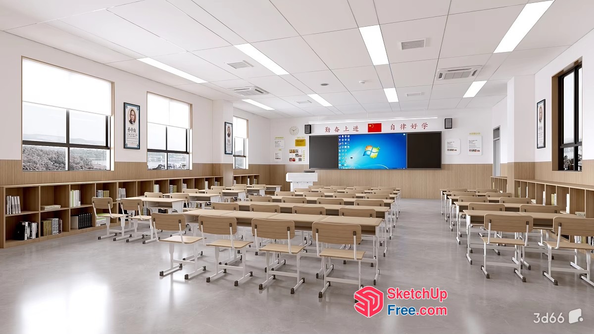 Modern Classroom Interior With Sleek Desks And Large Windows 3D SketchUp File