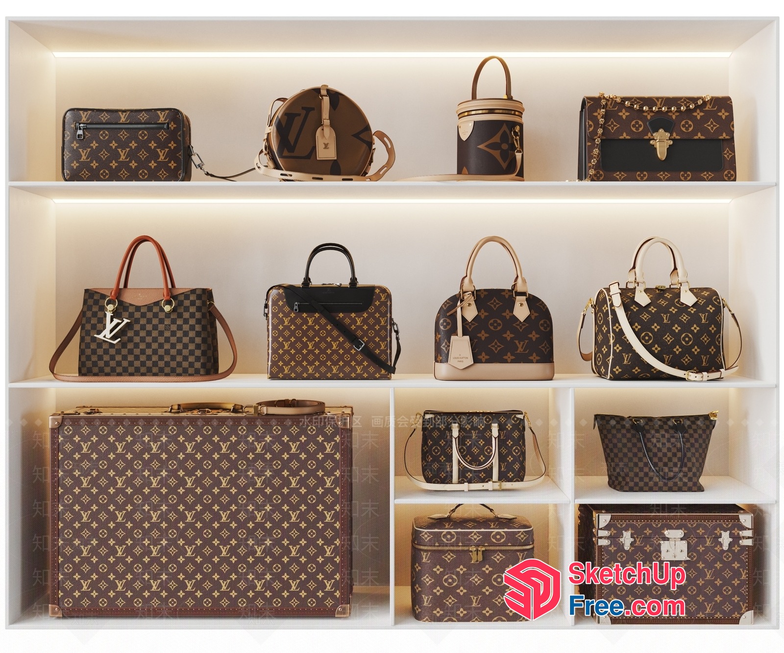 Luxurious Brown And Gold Handbags On White Shelves 3D SketchUp File