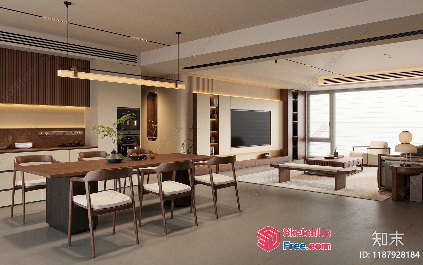 Modern Japanese-Inspired Living Room With Dining Area 3D SketchUp File