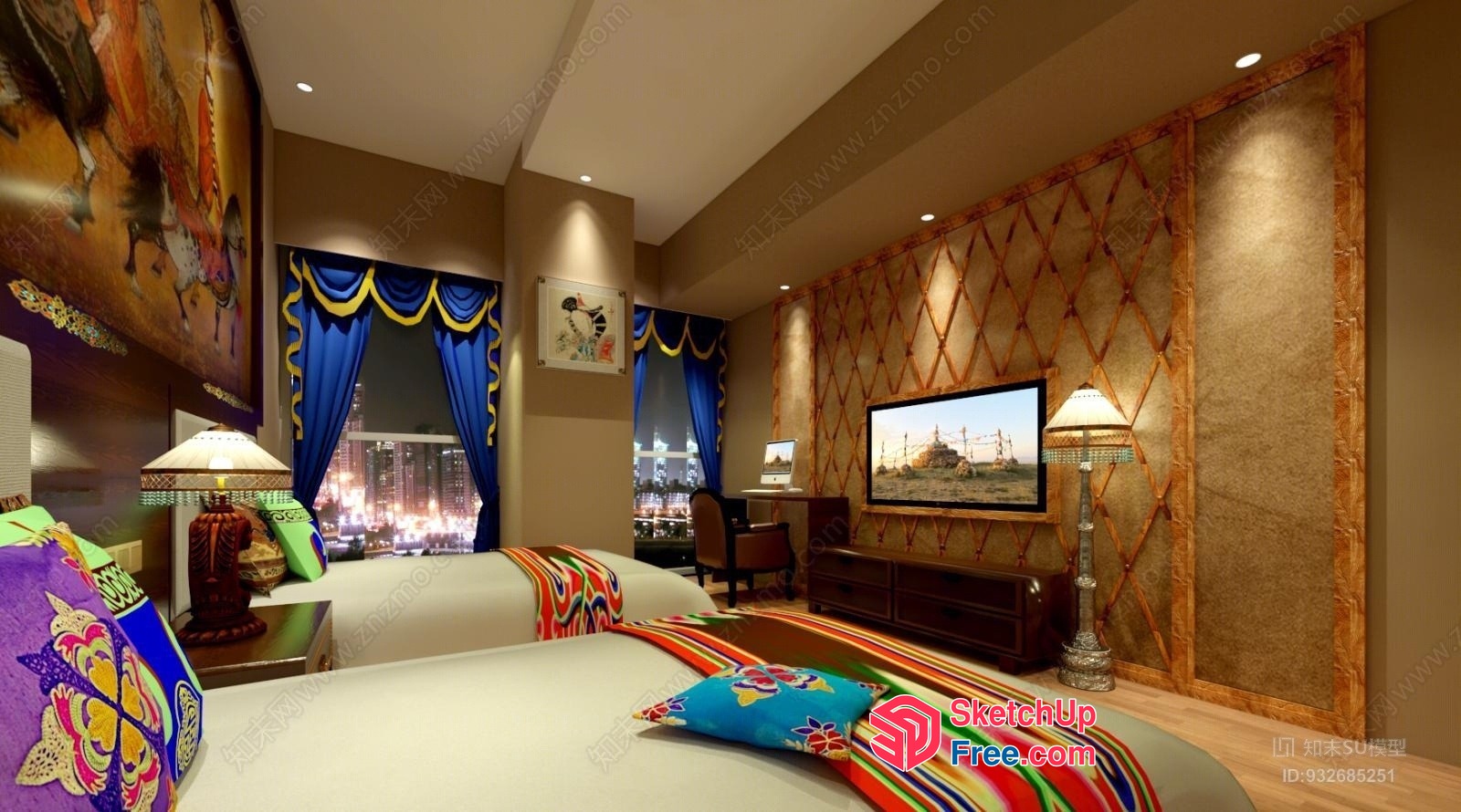 Colorful And Luxurious Bedroom With City View 3D SketchUp File
