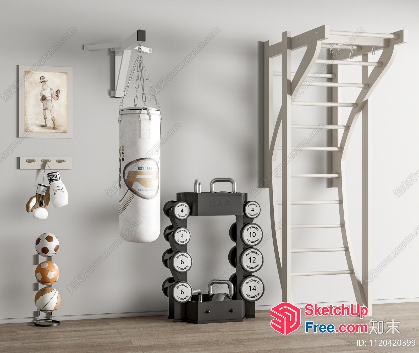 Aesthetic Gym Interior With Ladder And Punching Bag 3D SketchUp File