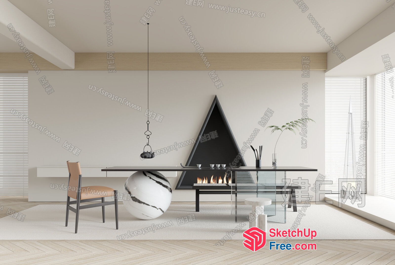 Modern Minimalist Japanese-Style Dining Room With Fireplace 3D SketchUp File