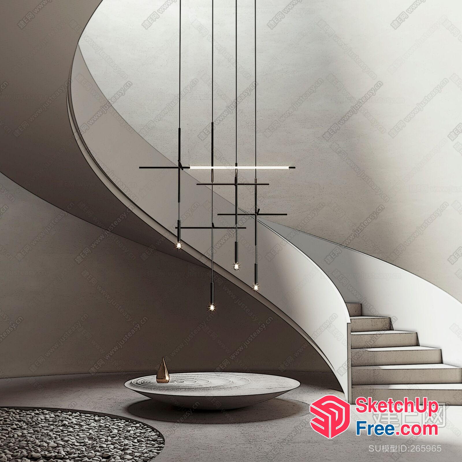 Minimalist Staircase With Suspended Light Fixture 3D SketchUp File