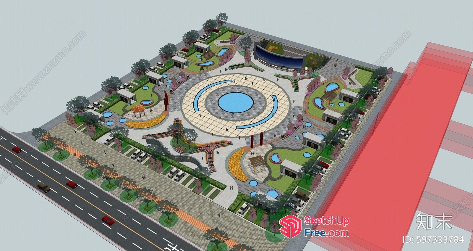 Aerial View Of A Commercial Street With A Central Park 3D SketchUp File