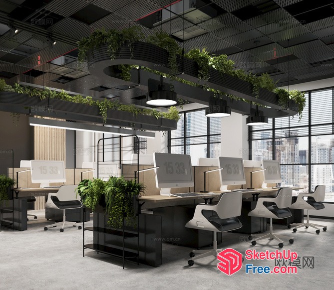 Modern Industrial Office Space With Natural Light And Greenery 3D SketchUp File