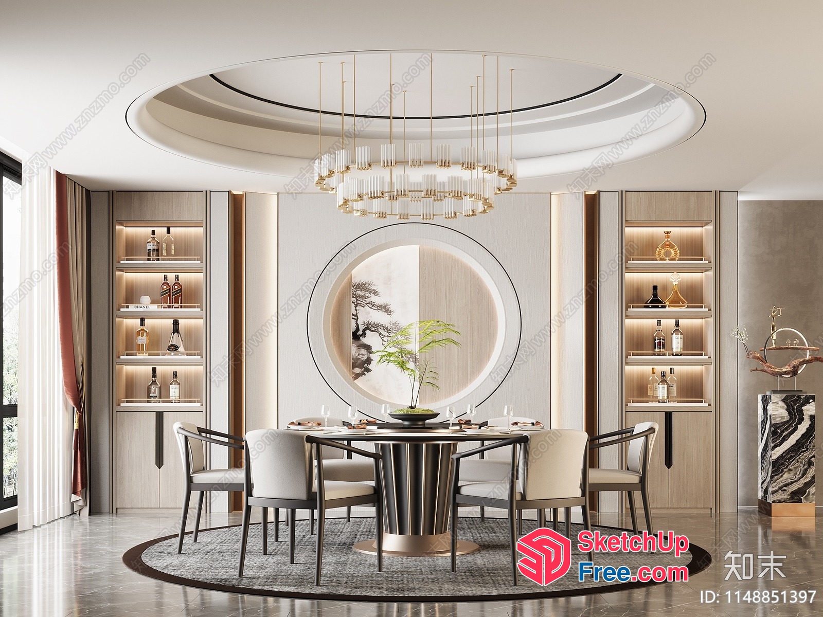 Elegant Dining Room With Round Table And Chandelier 3D SketchUp File