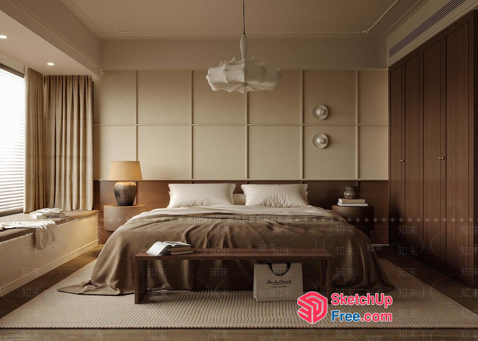 Elegant Brown And Creamy White Bedroom 3D SketchUp File