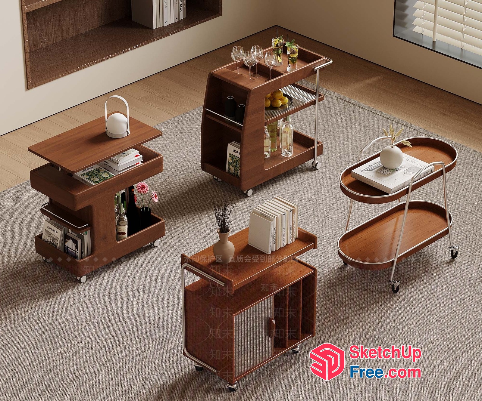 Modern Wooden Trolley Furniture Set 3D SketchUp File