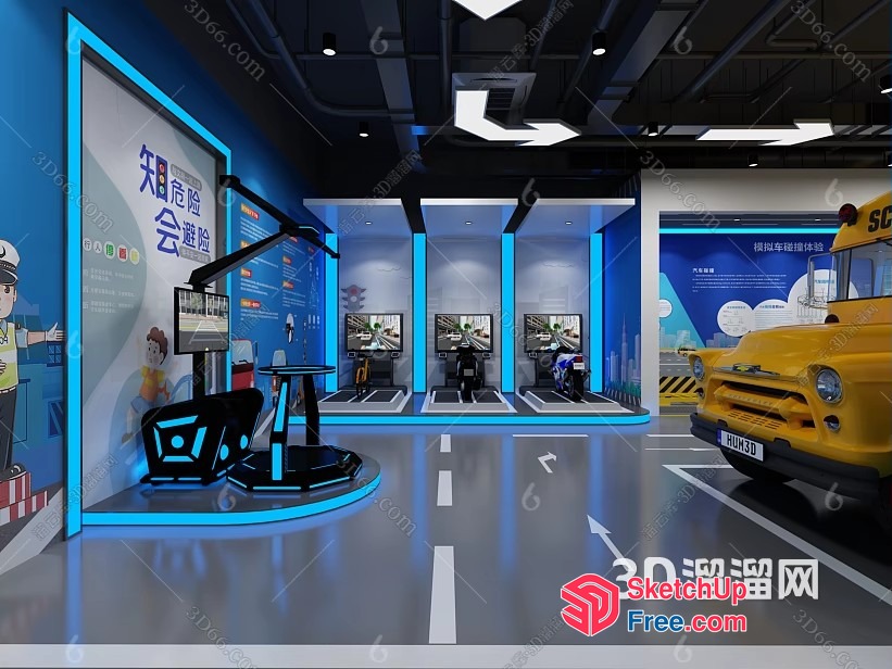 3D Virtual Reality Game Room With Yellow School Bus 3D SketchUp File