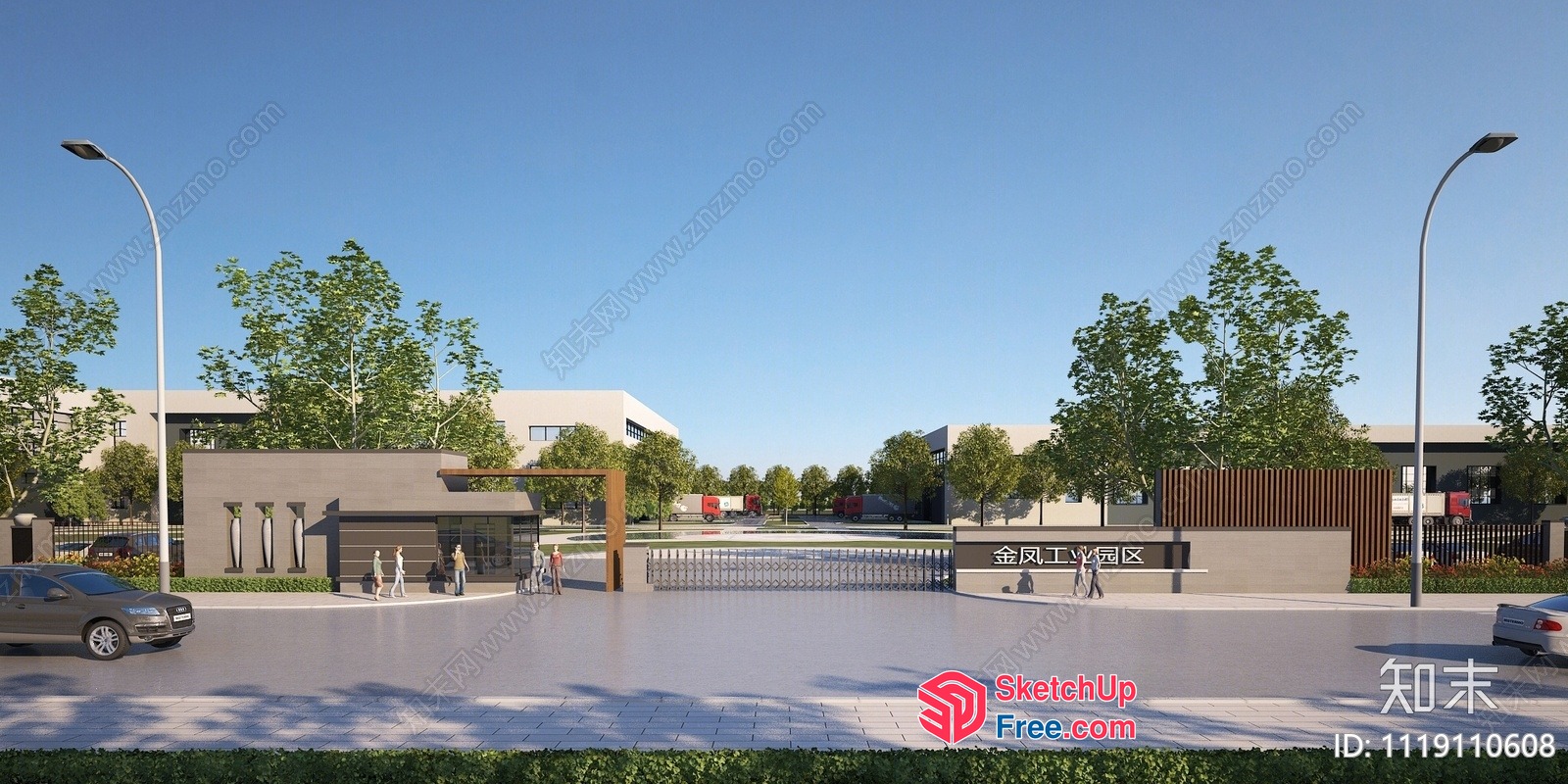 Industrial Park Entrance With Modern Architecture And Streetlights 3D SketchUp File