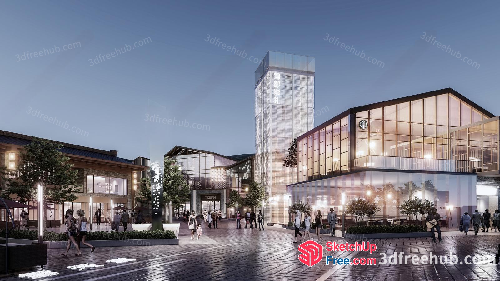 Commercial Street Scene With Modern Buildings And People Walking 3D SketchUp File