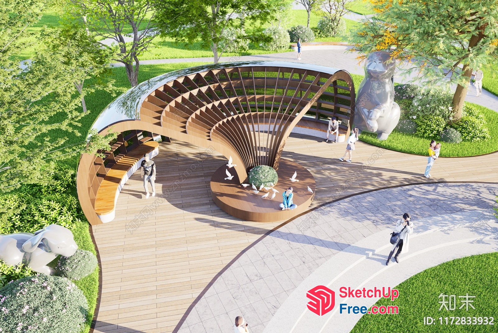 Curved Wooden Staircase With Animal Sculptures 3D SketchUp File