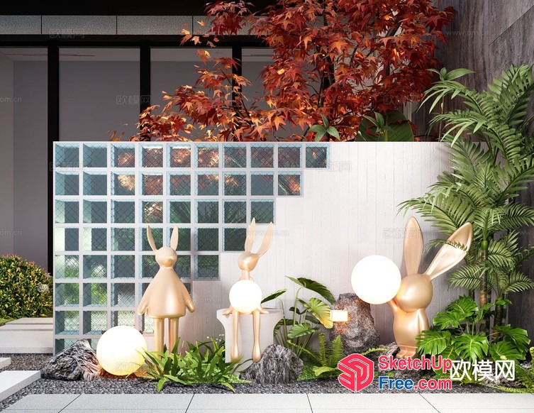 Elegant Outdoor Decor With Rabbits And Plants 3D SketchUp File