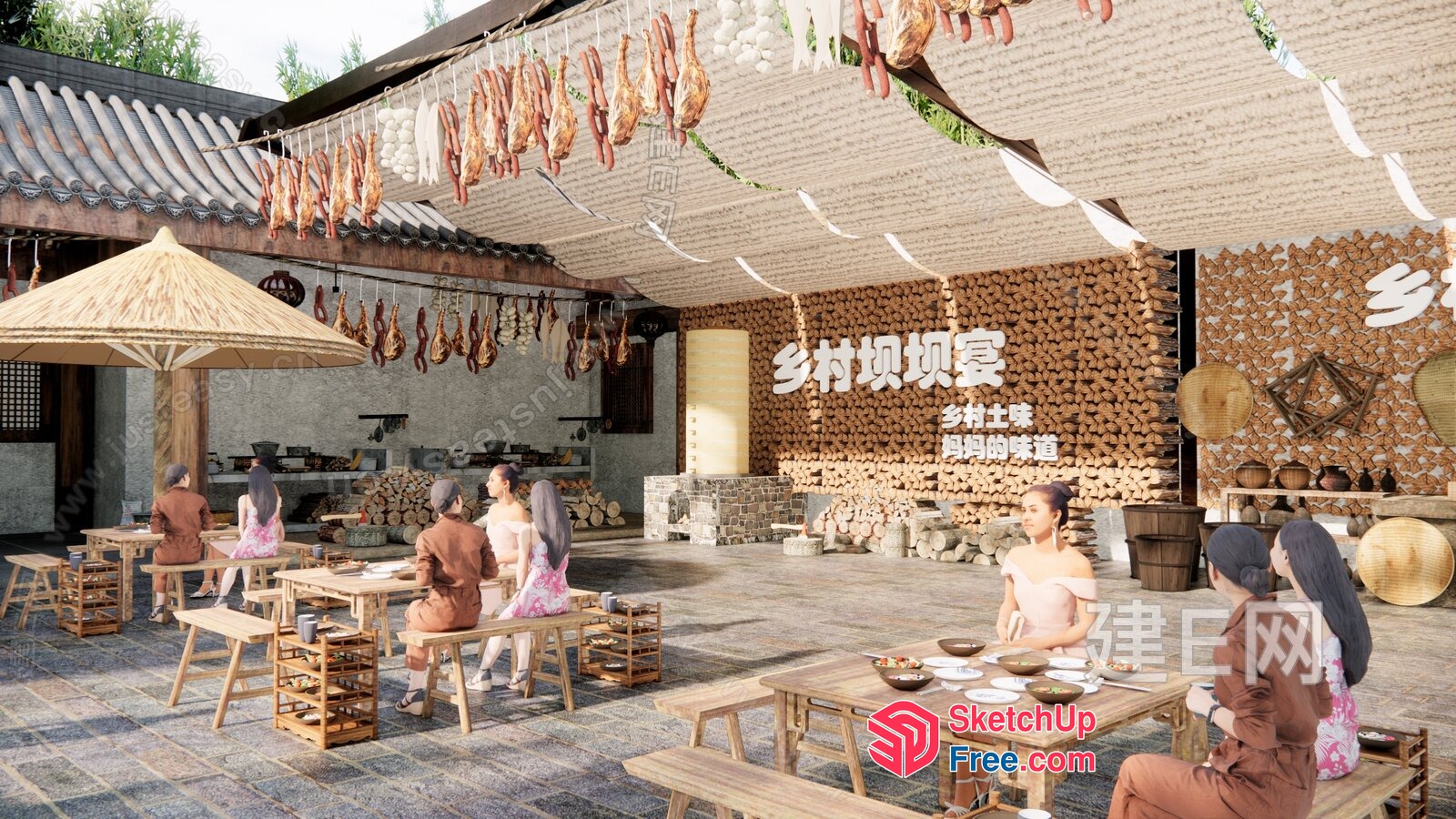 Outdoor Dining Area With Traditional Chinese Decor 3D SketchUp File