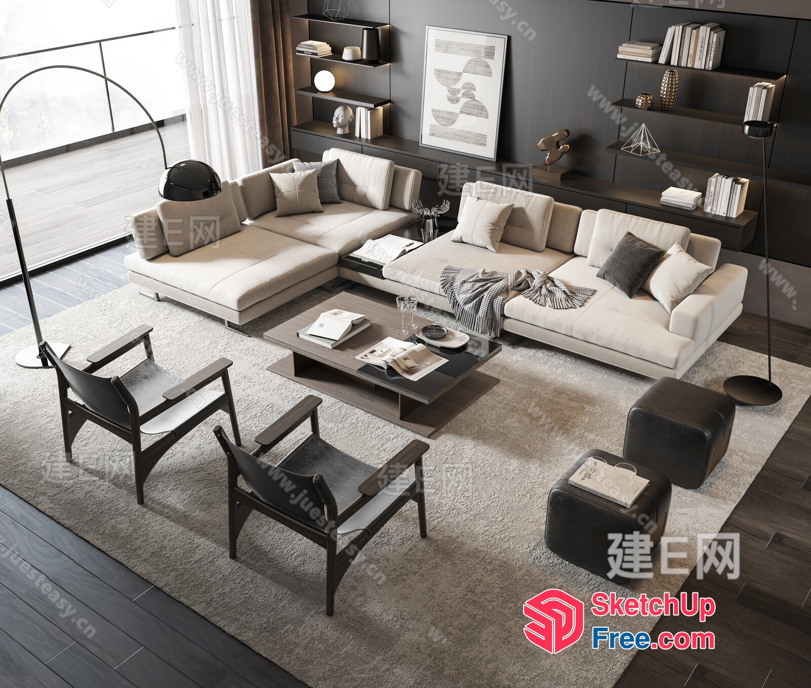 Modern Living Room With Creamy Style Sofa And Dark Wood Accents 3D SketchUp File