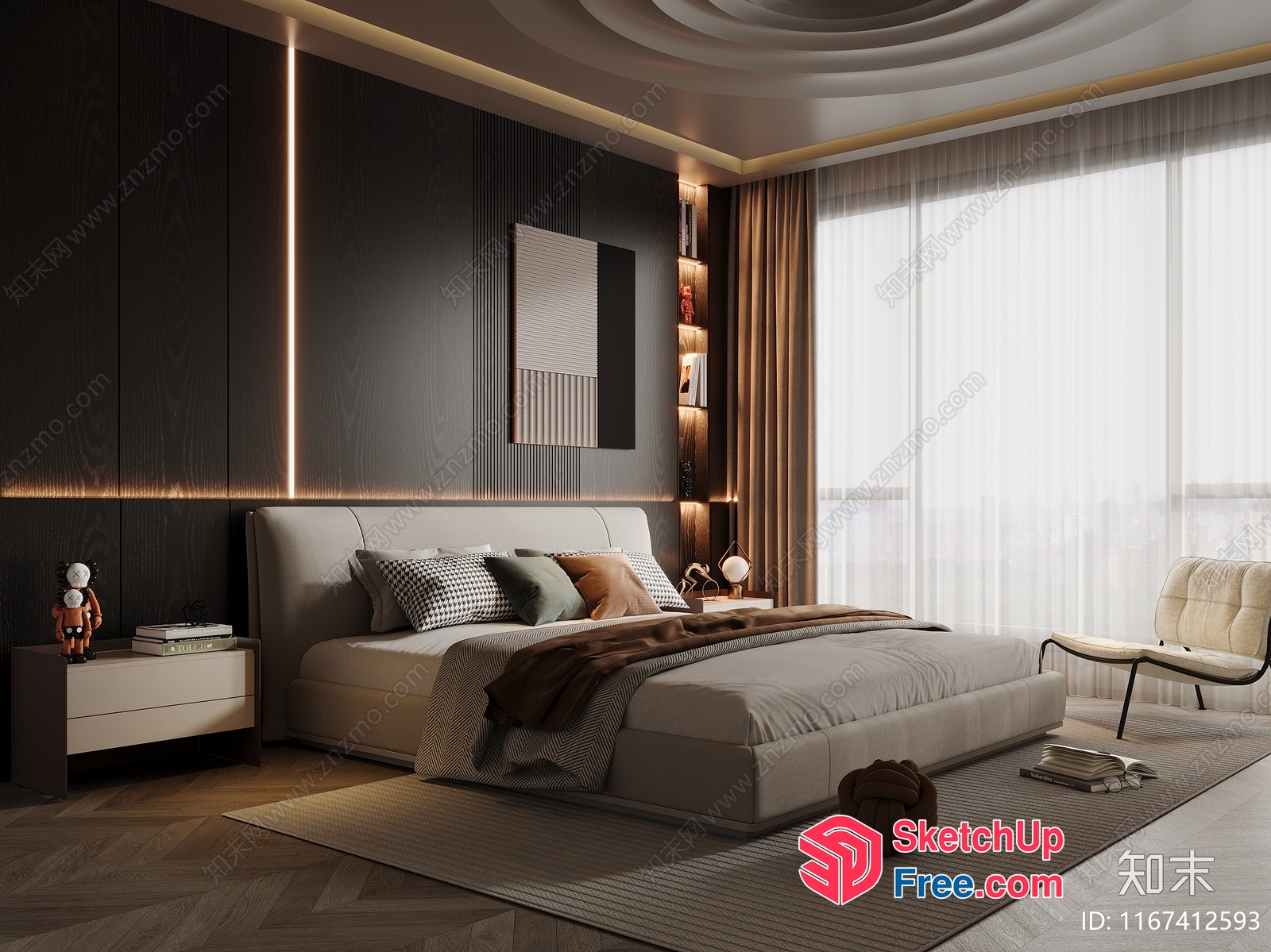 Modern Bedroom Interior With Creamy Style And Pillows 3D SketchUp File