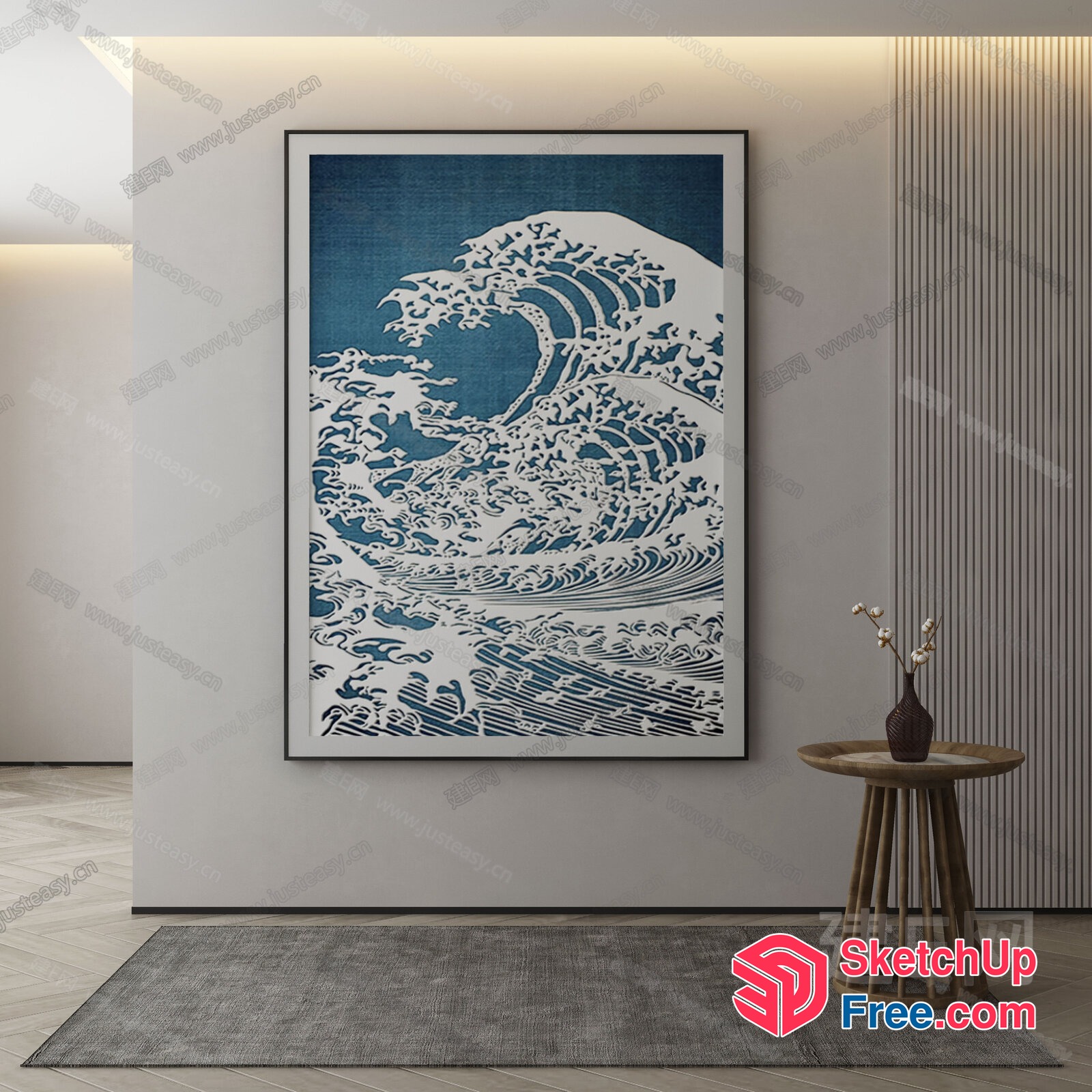 Elegant Japanese-Inspired Wave Design In Blue And White 3D SketchUp File
