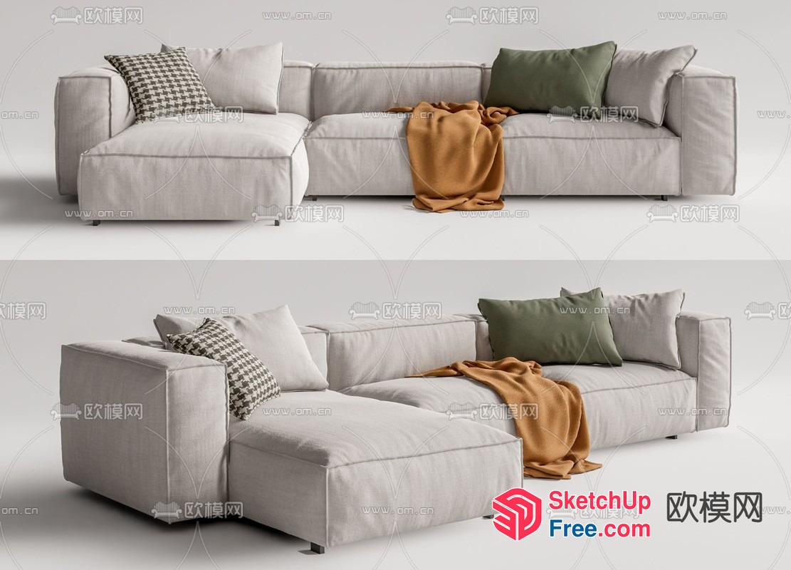 Modern L-Shaped Sofa With Pillows And Blanket 3D SketchUp File