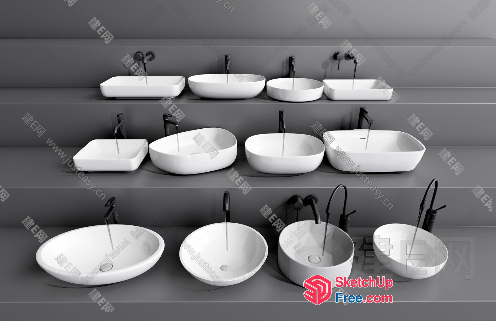 Modern White Bathroom Sinks With Black Faucets 3D SketchUp File
